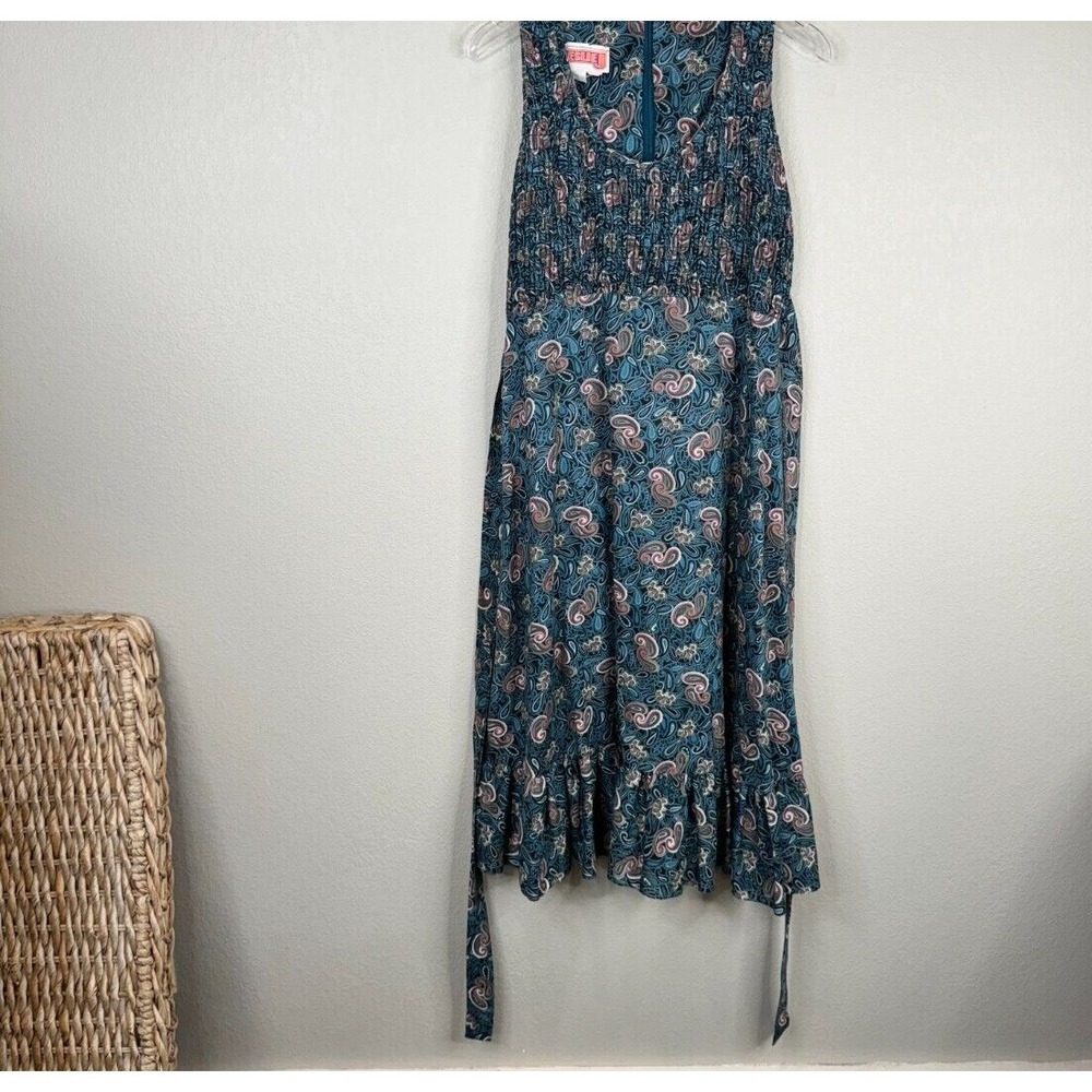 Leslie J Vintage Teal Pink Paisley Smocked Cottagecore Midi Dress 70s 80s 9/10‎